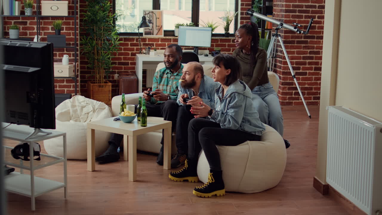 Diverse group of friends losing video games on console