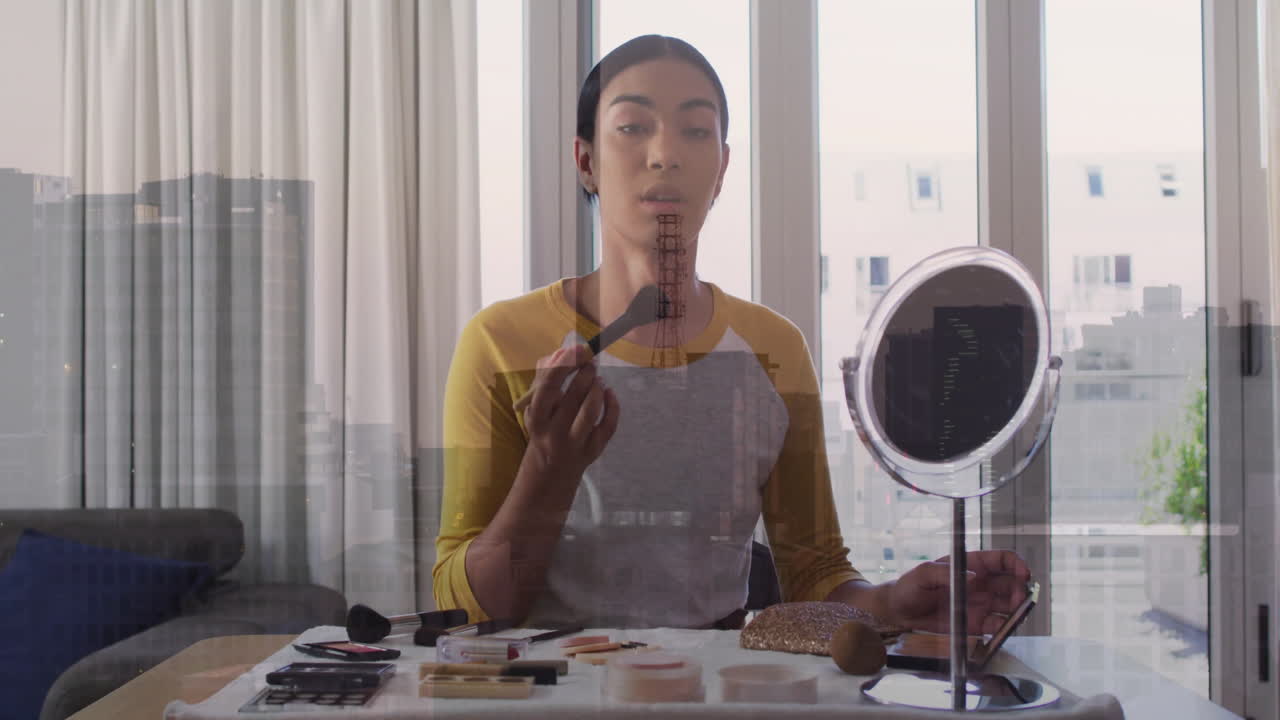 Applying makeup at vanity, person over cityscape animation