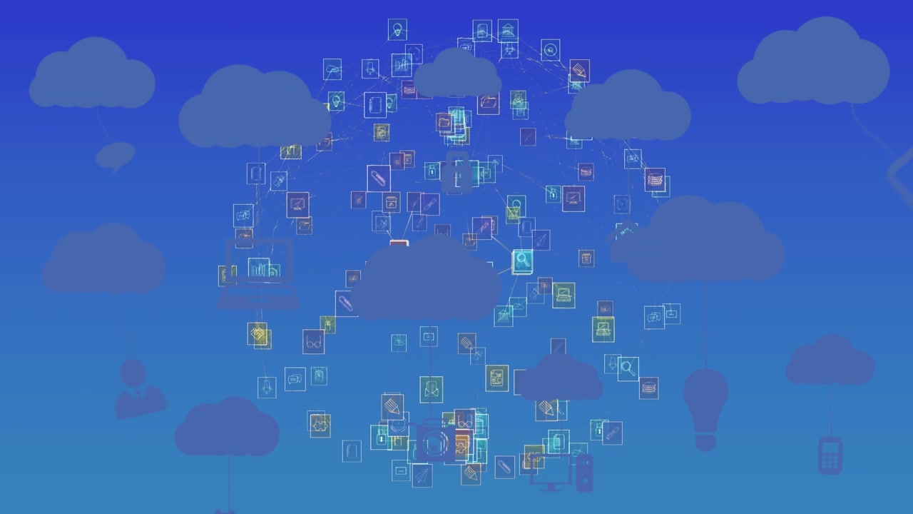 Animation of globe and network of connections over clouds icons