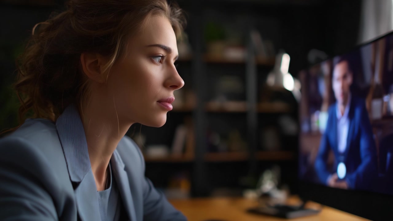 Focused Professional Woman Engaged with Technology in Modern Office Setting, Capturing a Moment of Introspection and Attention to Detail in a Digital Age