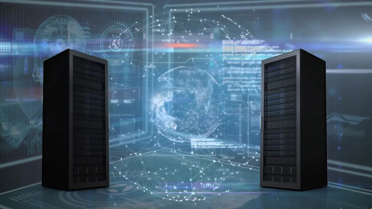 Digital animation of computer servers and globe spinning against digital interface