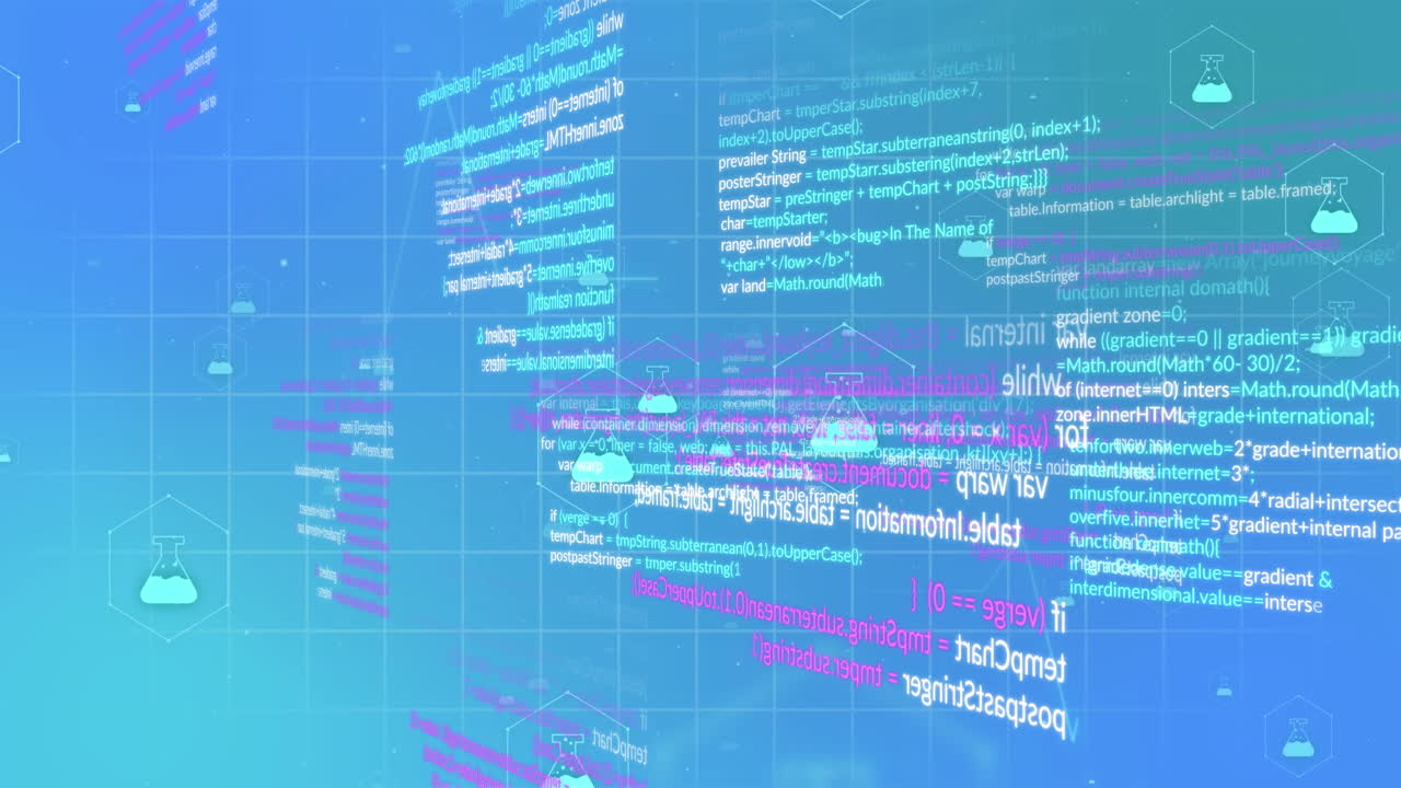 의료 아이콘의 애니메이션과 파란색 배경의 데이터 처리