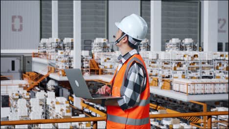 warehouse worker inspecting inventory with laptop