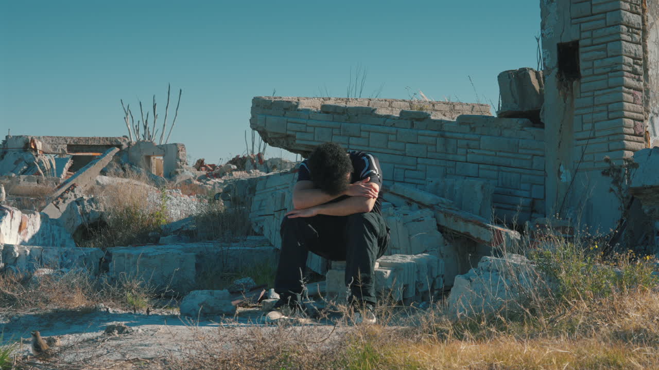 Uomo triste seduto tra le rovine di un villaggio distrutto, Villa Epecuen, Buenos Aires, Argentina.