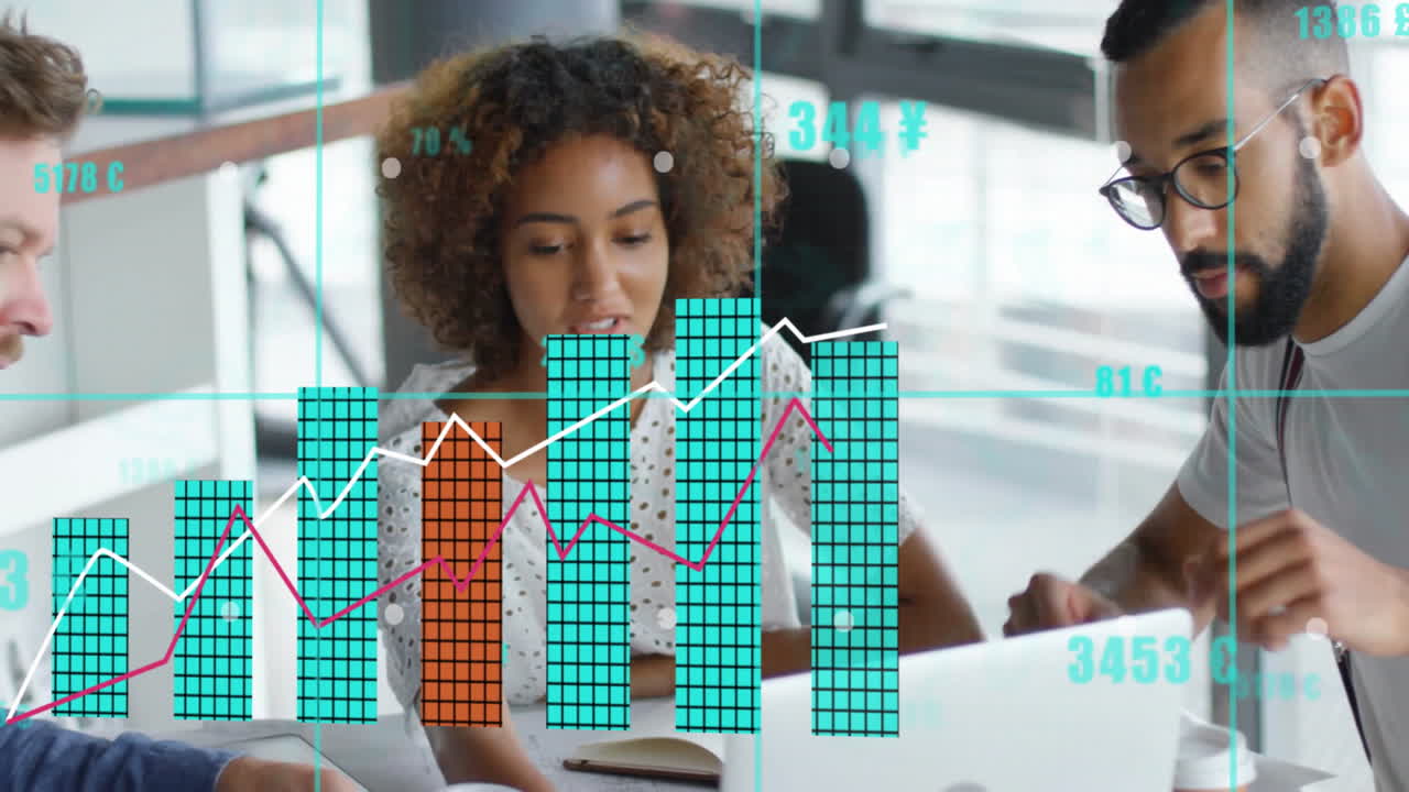 Analyzing financial graphs, business team in office using animation for data visualization