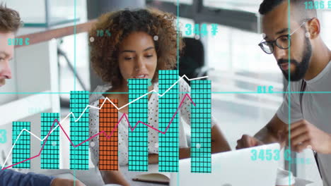 analyzing financial graphs, business team in office using animation for data visualization