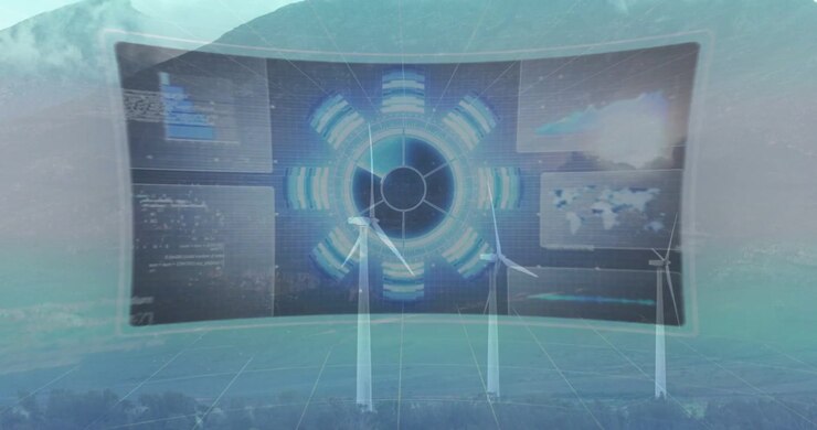 Three wind turbines spinning in foothills, left nacelle ping starting HUD overlay for wind energy
