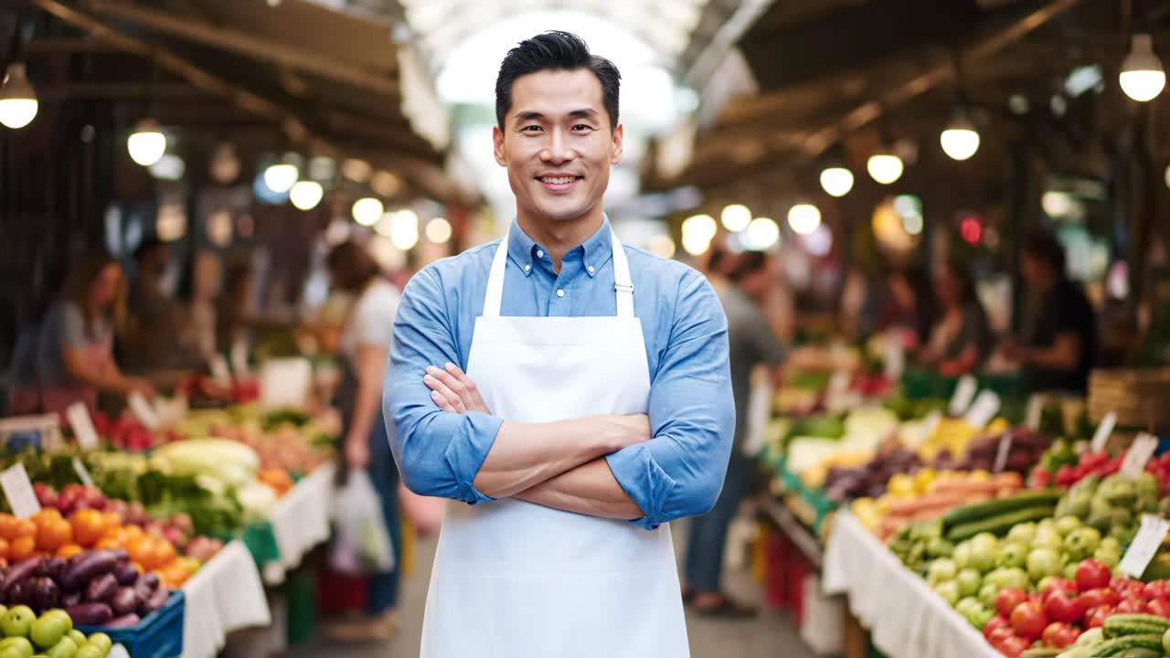 Vendor at a bustling produce market