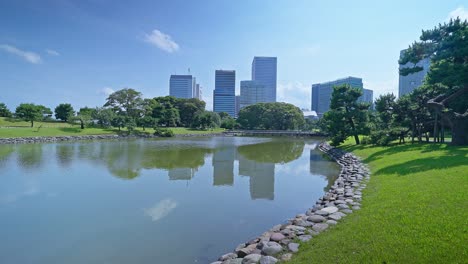 Beautiful-Japanese-traditional-garden-and-pond-with-skyscrapers-Tokyo