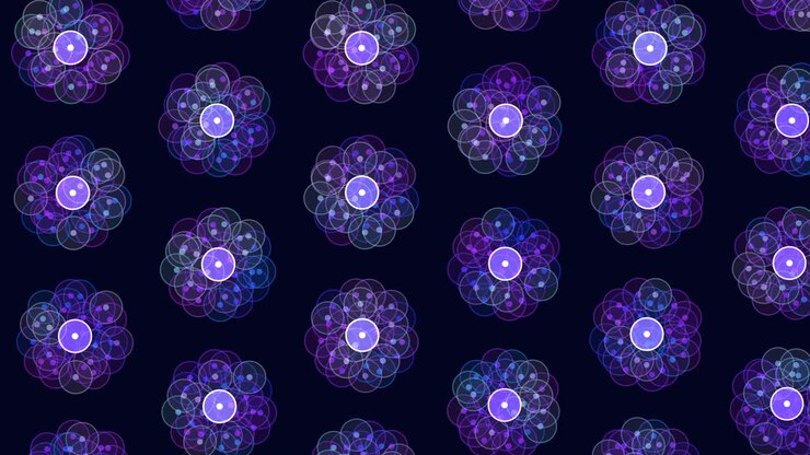 Motivo simmetrico luminoso di cerchi viola e blu su sfondo nero