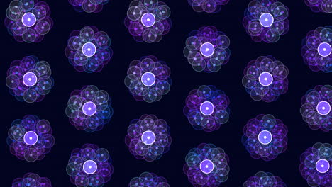patrón simétrico brillante de círculos púrpuras y azules sobre un fondo negro