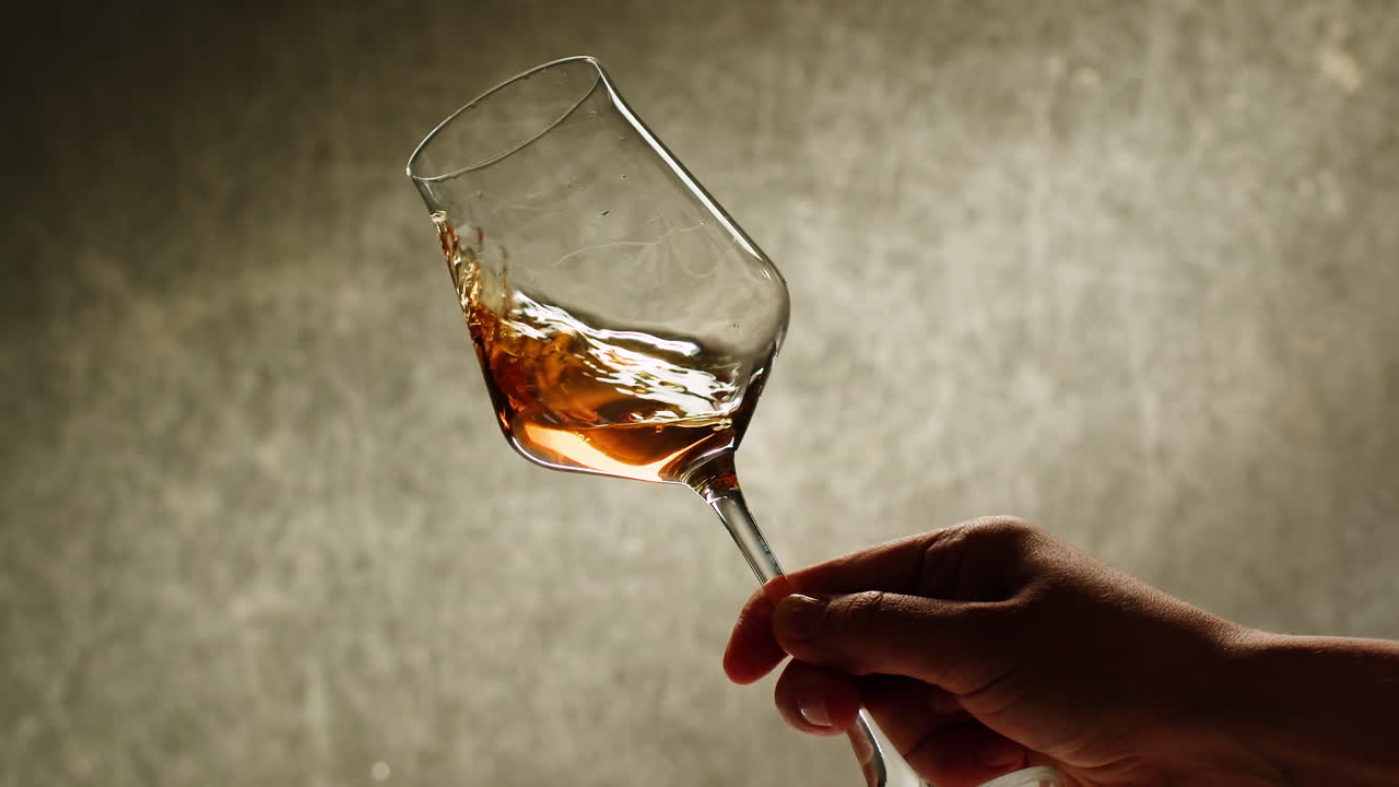 Orange or white wine bottle and glass against a sunset in a peaceful vineyard, pouring of ecological natural wine.