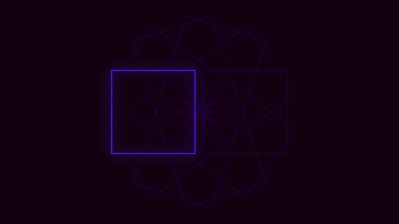 Glowing neon purple squares rotate and overlap on dark background, creating hypnotic abstract geometric animation ideal for music videos, technology intros, motion backdrops and digital presentations
