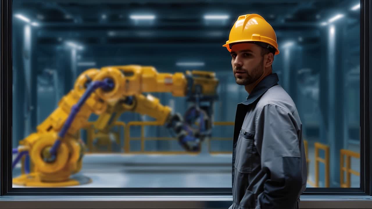 Worker watches robot in industrial setting. He stands calmly, observing operations. Yellow machinery moves beside him. He wears a hard hat and work jacket. Factory environment features glass walls