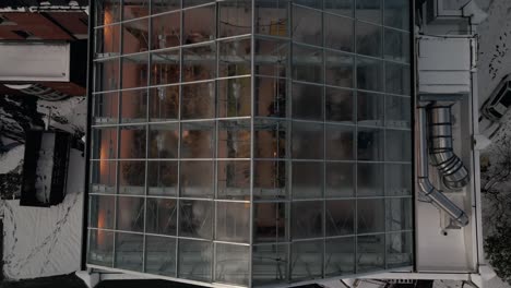 Top-down-Shot-Of-Greenhouse-With-Glass-Roof---Johnson-Science-Building,-Bishops-University---Sherbrooke,-Quebec---drone-pullback