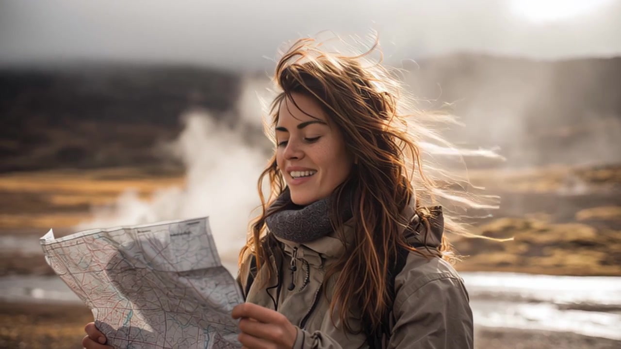 Filmagem cinematográfica de uma mulher sorridente segurando um mapa de papel ao ar livre em uma área geotérmica ventosa com fumarolas e luz quente do pôr do sol, conceito de navegação em viagem.