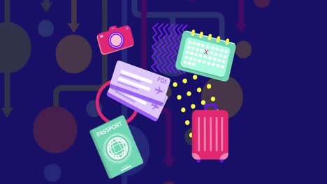 animación de iconos y formas de viaje sobre fondo azul
