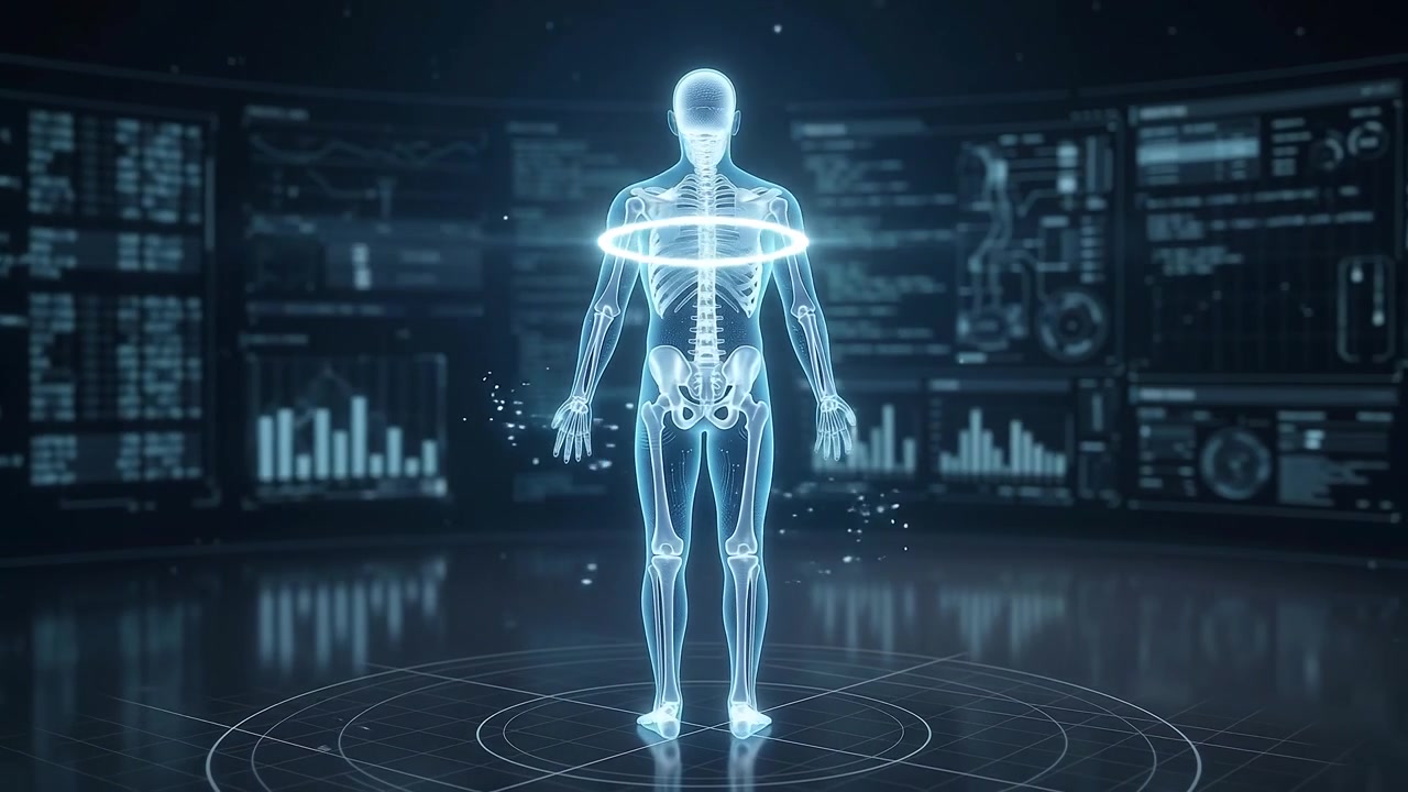 Digital Holographic Human Skeleton Scan in Futuristic Laboratory