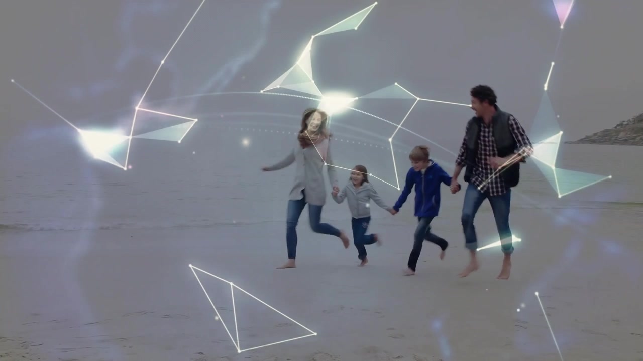 Family arriving on beach holding hands, forming circle and activating holo tech globe for bonding