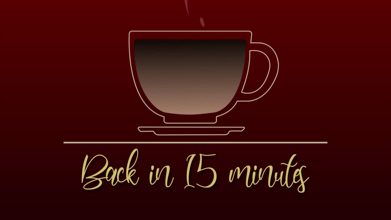 빨간색 배경에 있는 주전자에서 커피 컵을 채우는 매끄럽고 재미있는 애니메이션 라인 드로잉 모션 그래픽, 15분 안에 메시지가 다시 표시되어 프레젠테이션 및 기업 교육일에 이상적