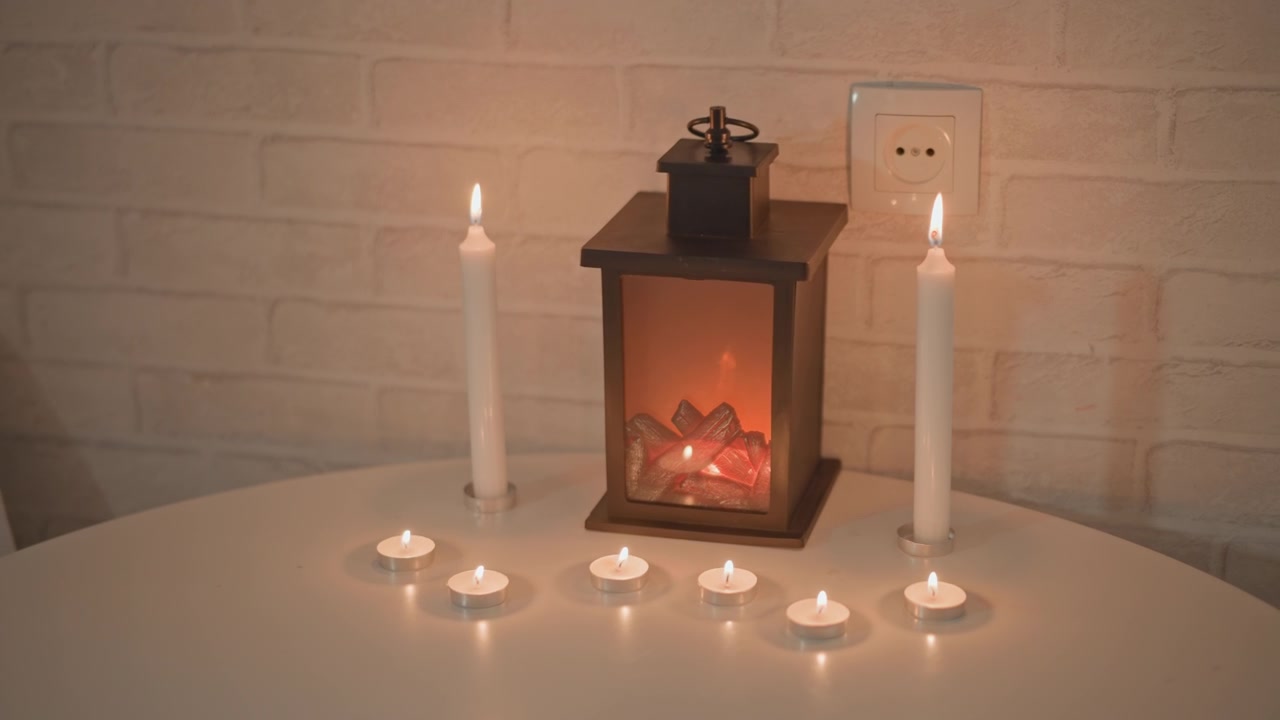 Una lanterna decorativa in metallo e vetro è posizionata su un tavolo rotondo bianco accanto a lumini e candele a cono accesi, con fiamme tremolanti, bagliore di brace all'interno della lanterna, ombre soffuse, atmosfera interna calda e calma.