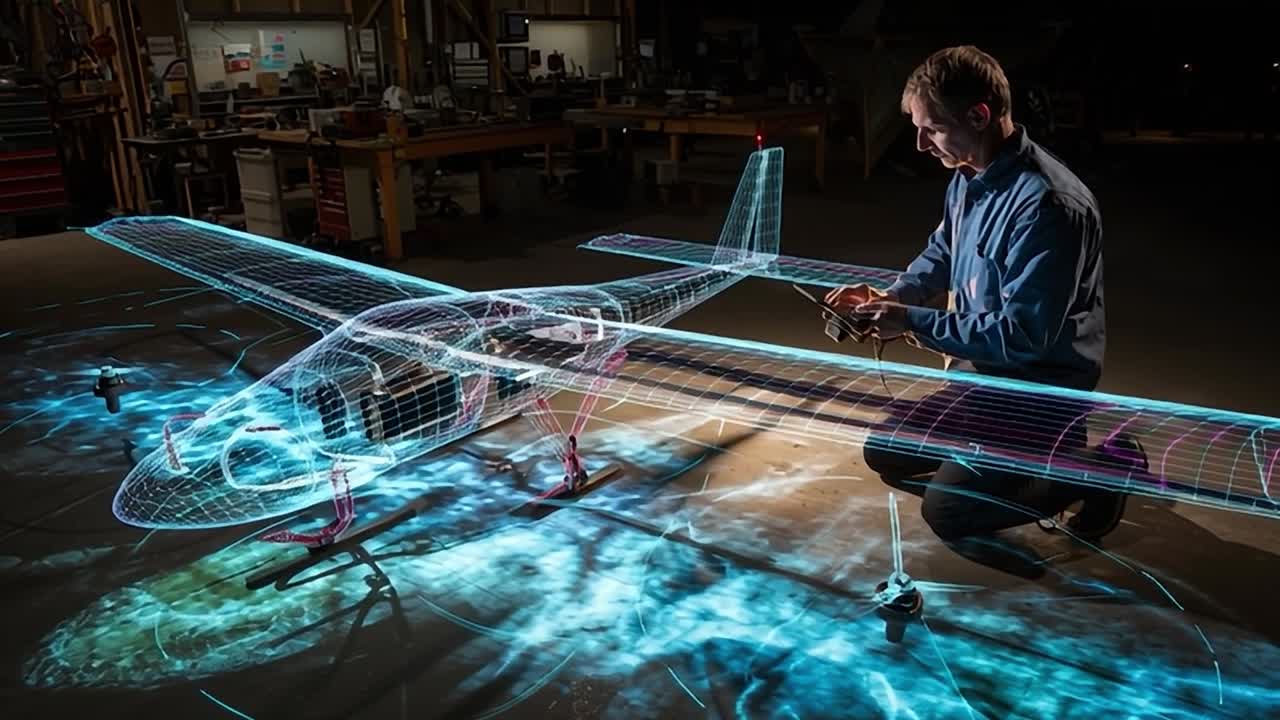 Engineer designs a drone using holographic technology in workshop