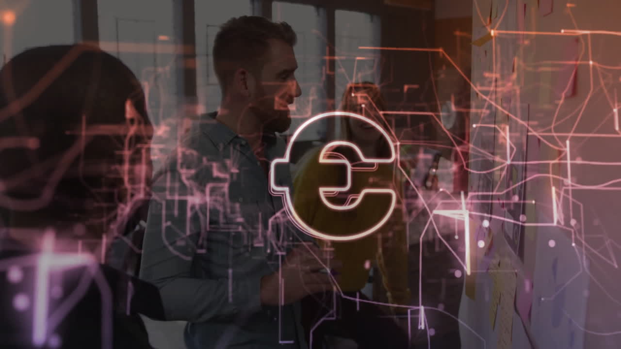 In office, people collaborating with Euro currency symbol and digital network animation