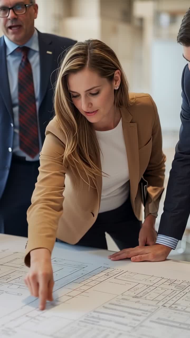 Vídeo vertical: Mujer señalando con blazer color camel, colocando una nota adhesiva azul en un plano sobre la mesa, revisando