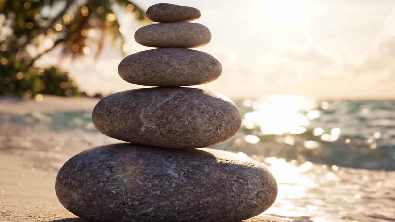 A Serene Beachscape Featuring a Balanced Stack of Smooth Stones on the Shore, Capturing Tranquility and Natural Beauty at Sunset