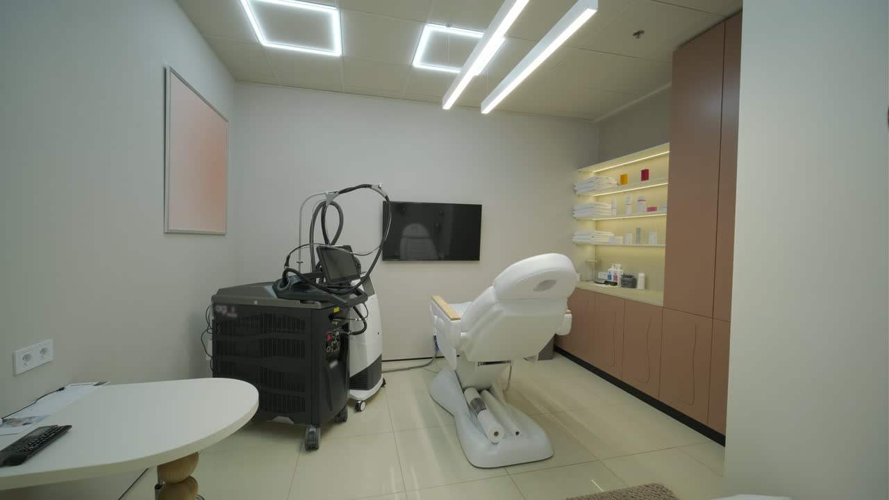 Cabina de tratamientos de cosmetología moderna con equipo médico y silla