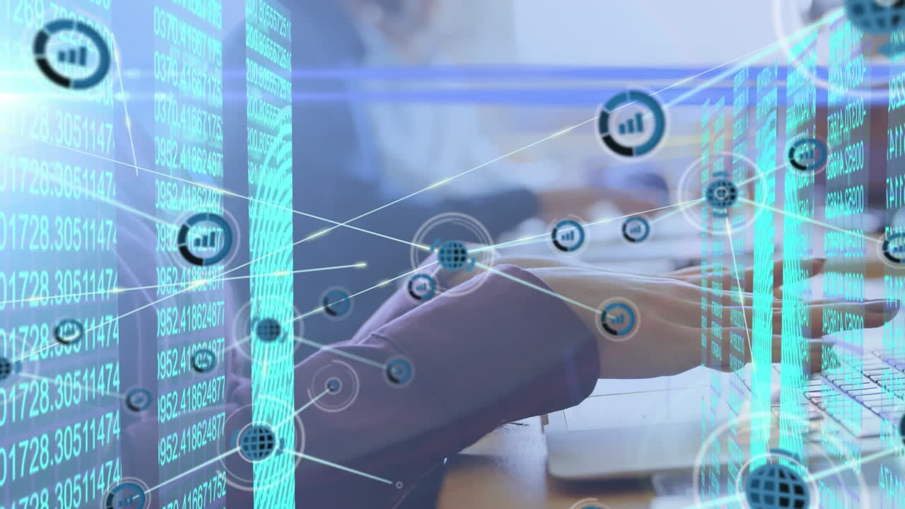 animación de la red de conexiones y procesamiento de datos sobre la persona que utiliza la computadora portátil