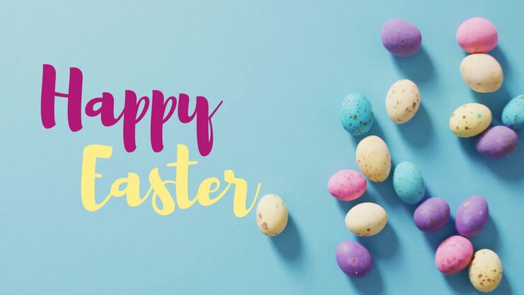 Animation of happy easter text over easter eggs