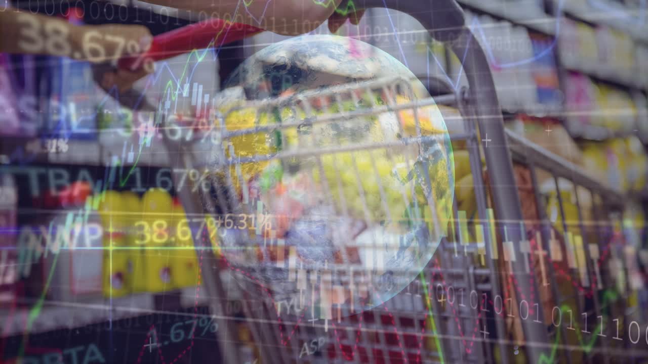 Shopper gripping red handle starting globe over cart, charts pulsing and moving to show market data