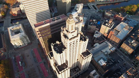 top view looking down, circling the trust building above the city of providence