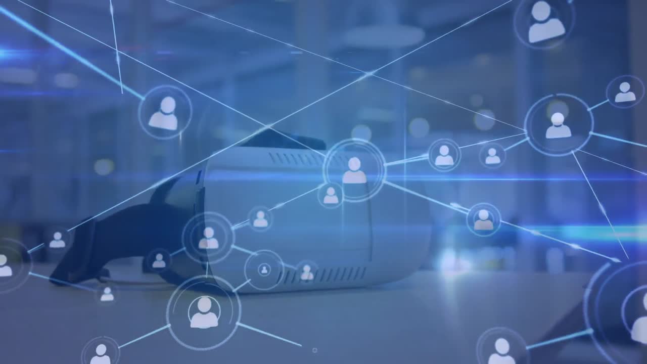 사무실 테이블 에 있는 가상 현실 헤드 ⁇