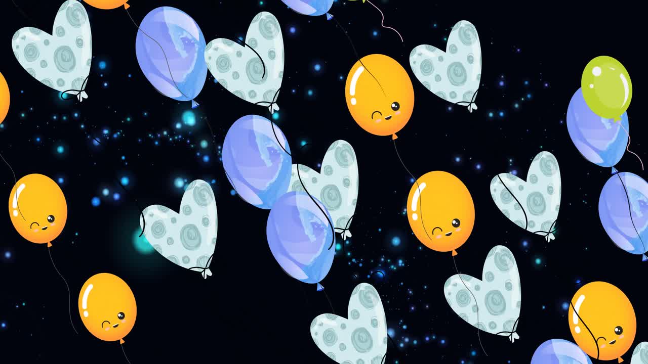 검은 바탕 위에 떠다니는 풍선과 심장의 애니메이션