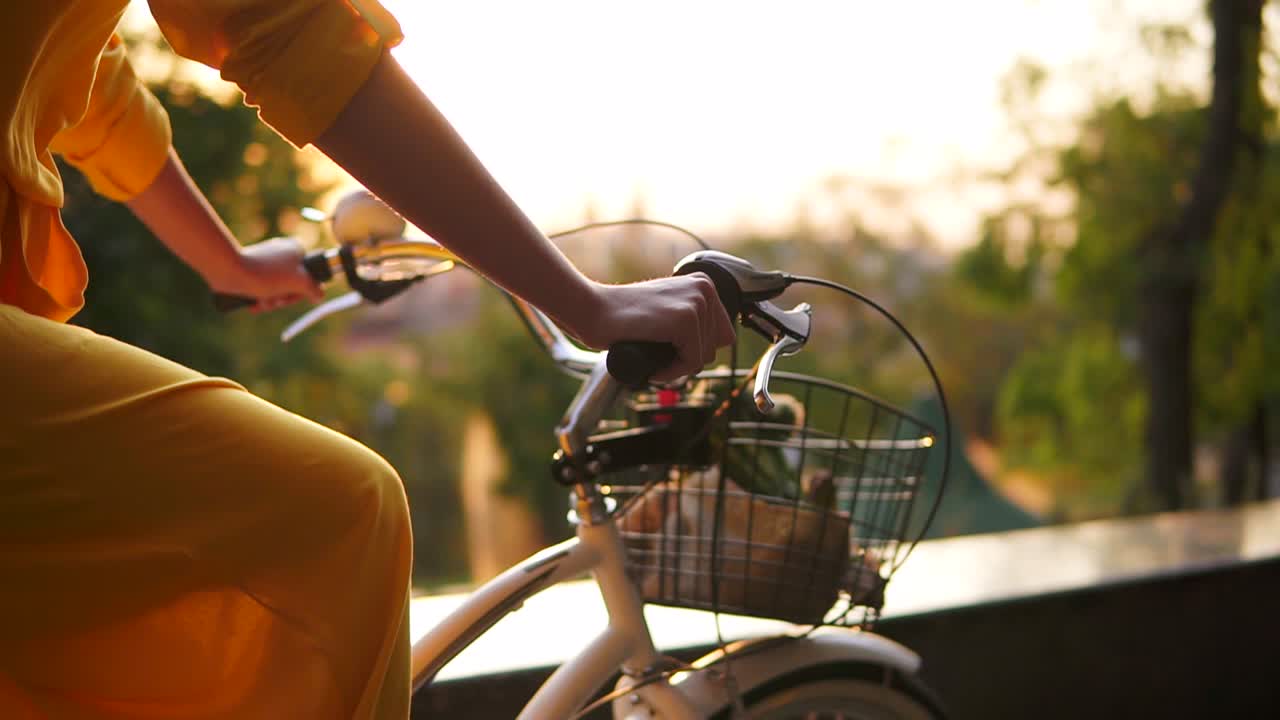 Close Up view of and unrecognizable woman's hands holding a handlebar while riding a city bicycle with a basket and flowers. Lens