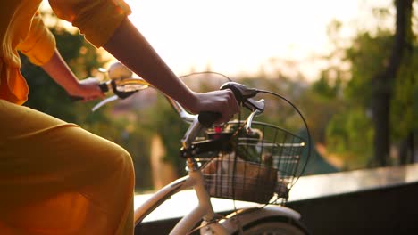 close up view of and unrecognizable woman's hands holding a handlebar while riding a city bicycle with a basket and flowers. lens