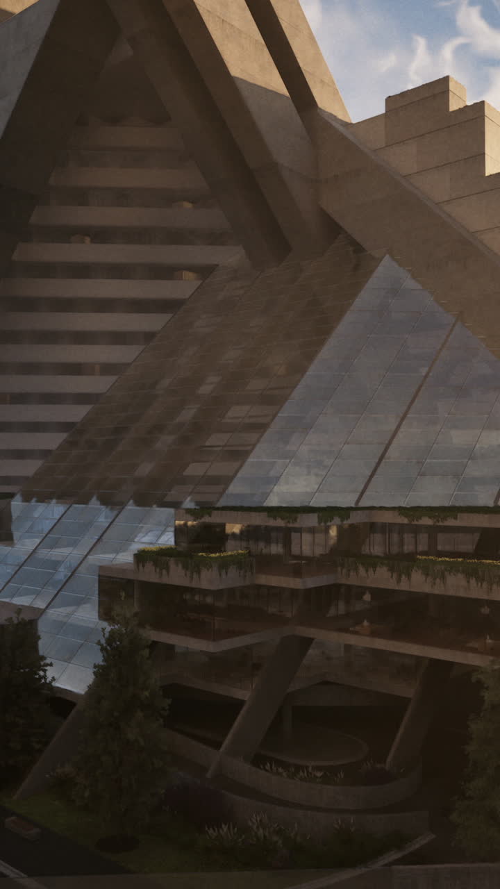 arquitectura brutalista con pirámide de vidrio y vegetación