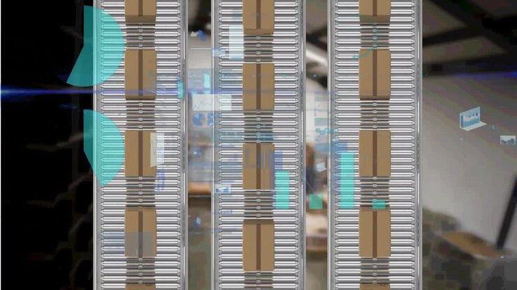 Animation of statistics processing over cardboard boxes on conveyor belts in background
