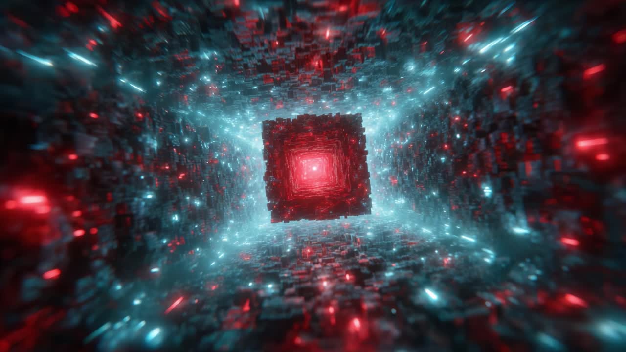 Exploring the Depths of a Hypnotic Digital Tunnel Featuring Glowing Red and Blue Particles, Creating a Mesmerizing Visual Experience of Infinite Complexity