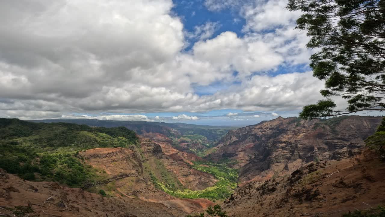 Vast valley surrounded by rugged canyon walls, with lush greenery contrasting against the dramatic sky. The scenic view captures the natural beauty of a large canyon landscape