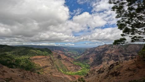 vast valley surrounded by rugged canyon walls, with lush greenery contrasting against the dramatic sky. the scenic view captures the natural beauty of a large canyon landscape