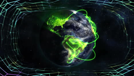 formas geométricas que se mueven contra el rastro de luz brillante en el globo
