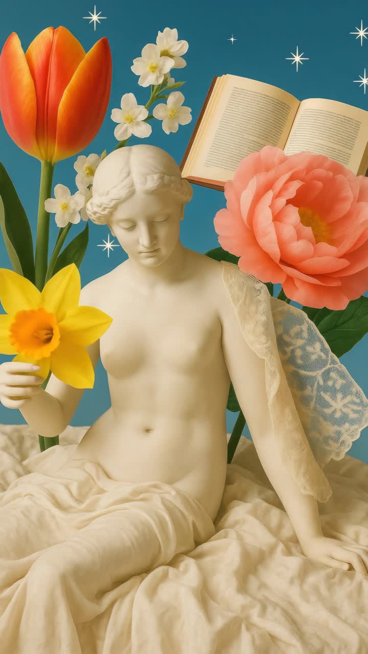 Surreal video concept with a classical statue surrounded by oversized flowers and an open book