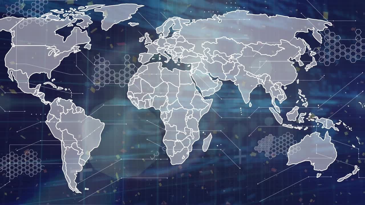Animation of world map over data processing on black background