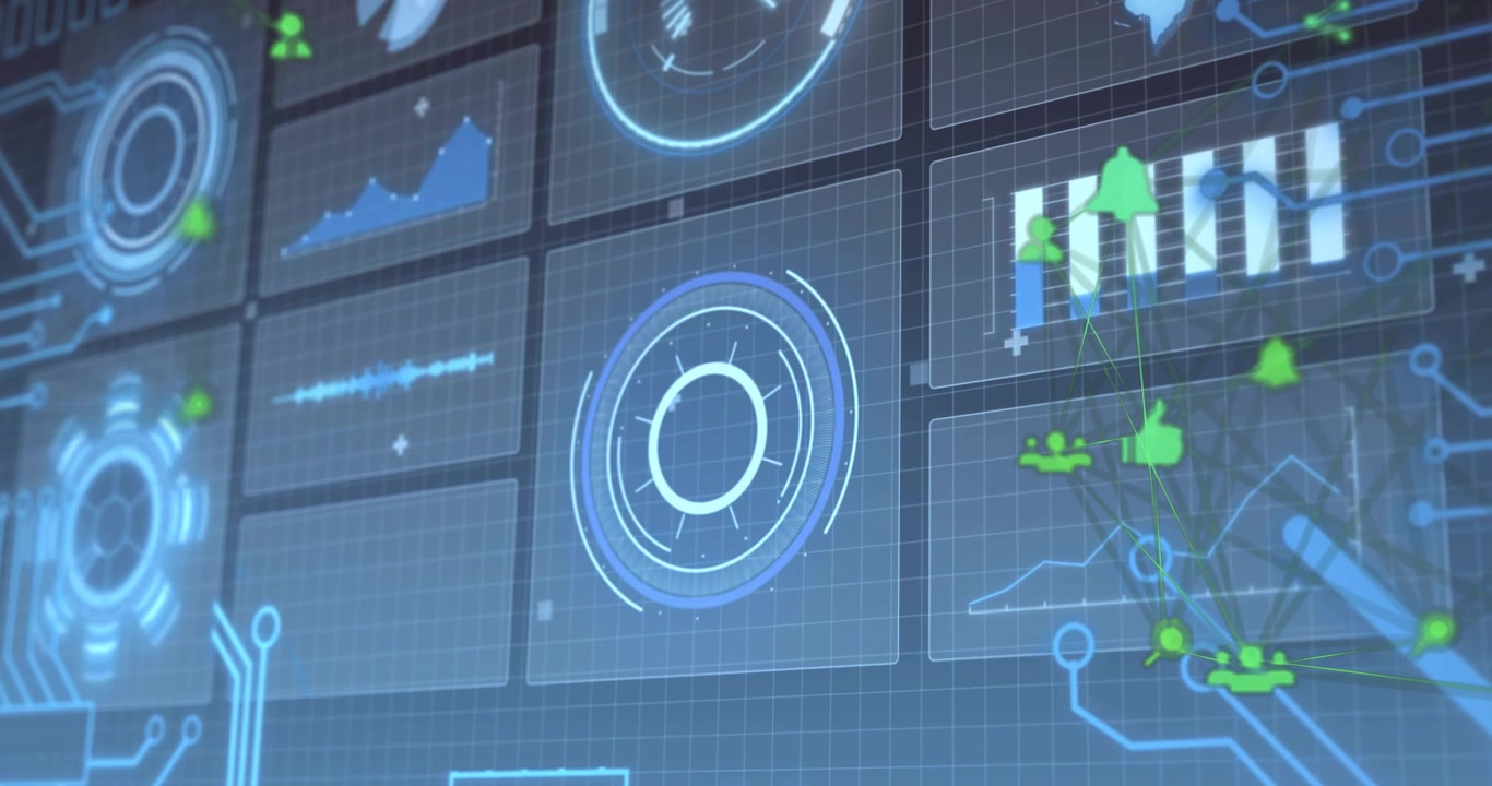 Central ring HUD rotating and pulsing on data burst, green icons moving up network updating metrics