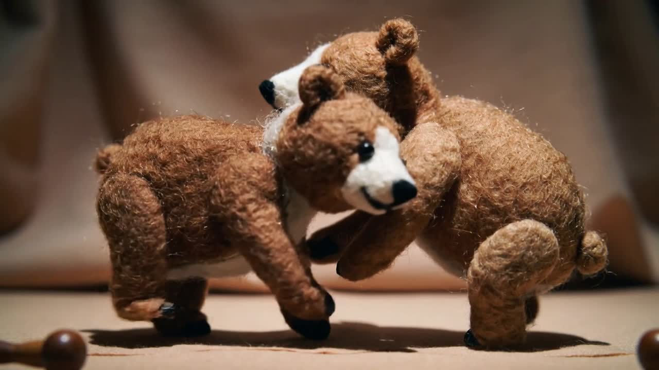 Avanzando, due orsetti di peluche si incontrano giocosamente su un tavolo, toccandosi i nasi e stringendosi