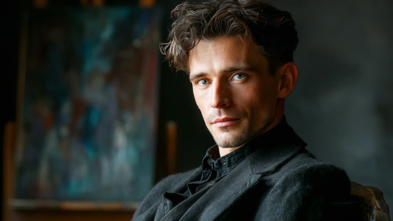 A Thoughtful Portrait of an Engaging Man with Gentle Eyes, Capturing a Moment of Reflection and Depth in His Expression, Set Against a Blur of Artistic Background with Rich Colors and Textures