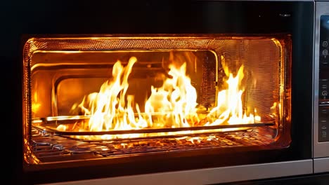 a microwave oven with a fire inside of it on a table